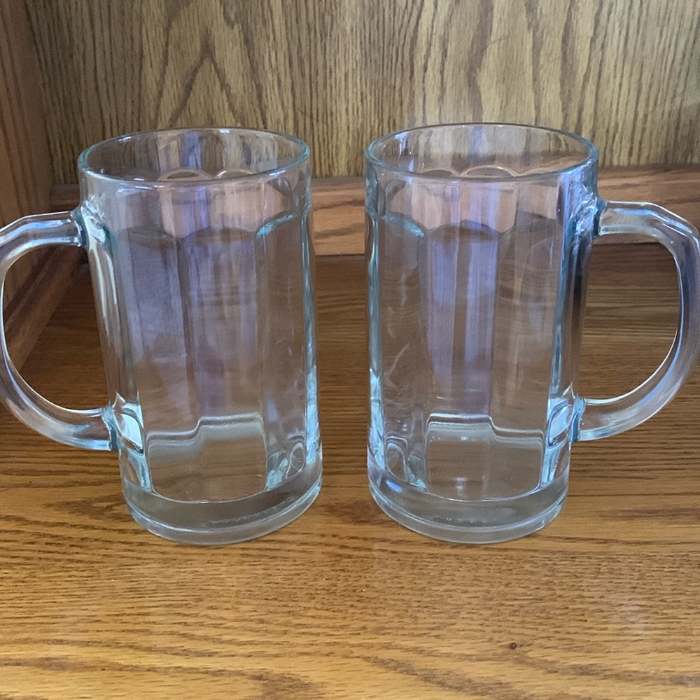 Pasabahce Heavy Glass Beer Mugs Set of 2 Clear Panel Style Made in Turkey